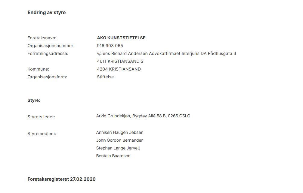 Utskrift fra Foretaksregisteret om styret i AKO Kunststiftelse