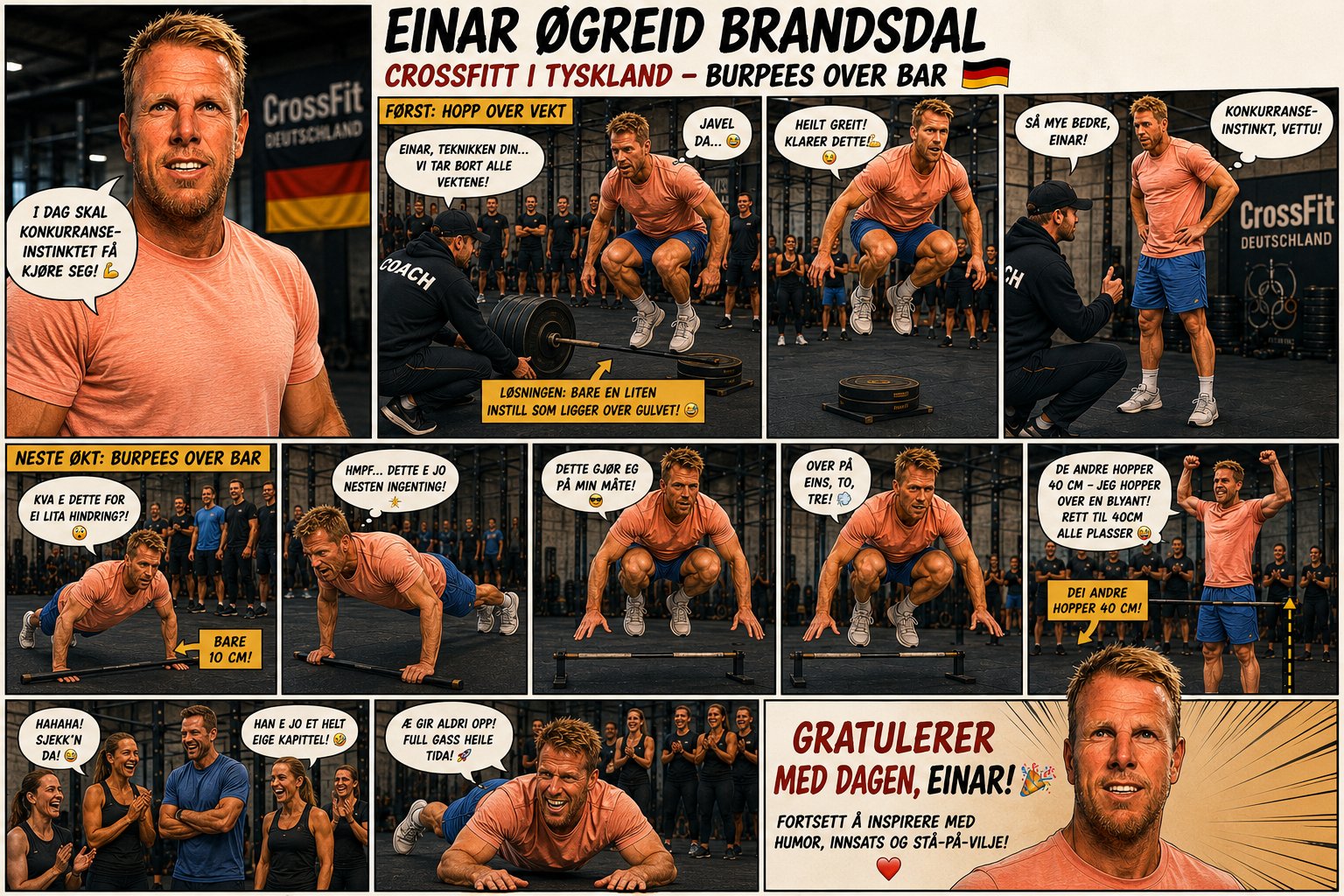 Burpees over bar, tegnet som tegneserie
