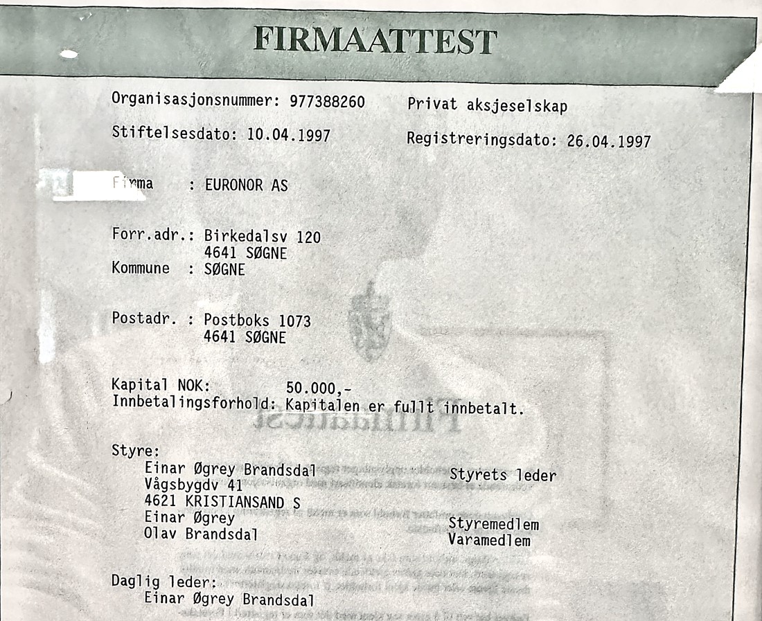 Firmaattesten til Euronor AS.