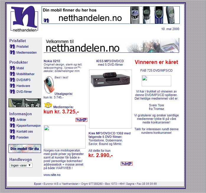 Slik så netthandelen.no ut 10. mai 2000.