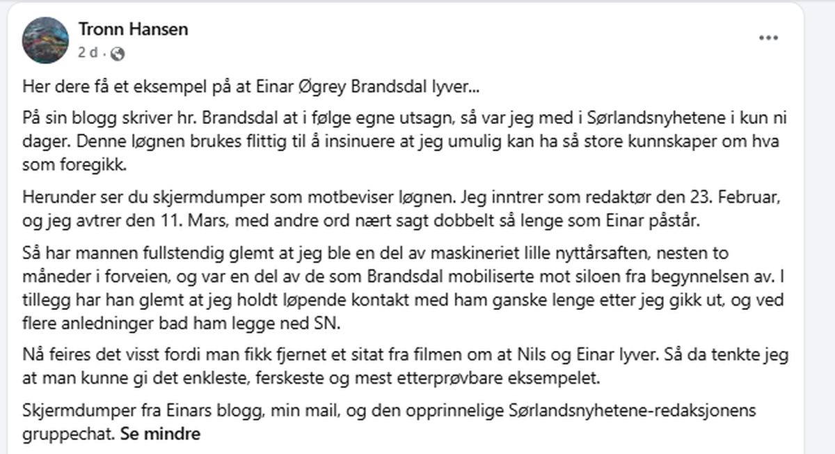 Facebook-innlegg fra Tronn Hansen om de ni dagene