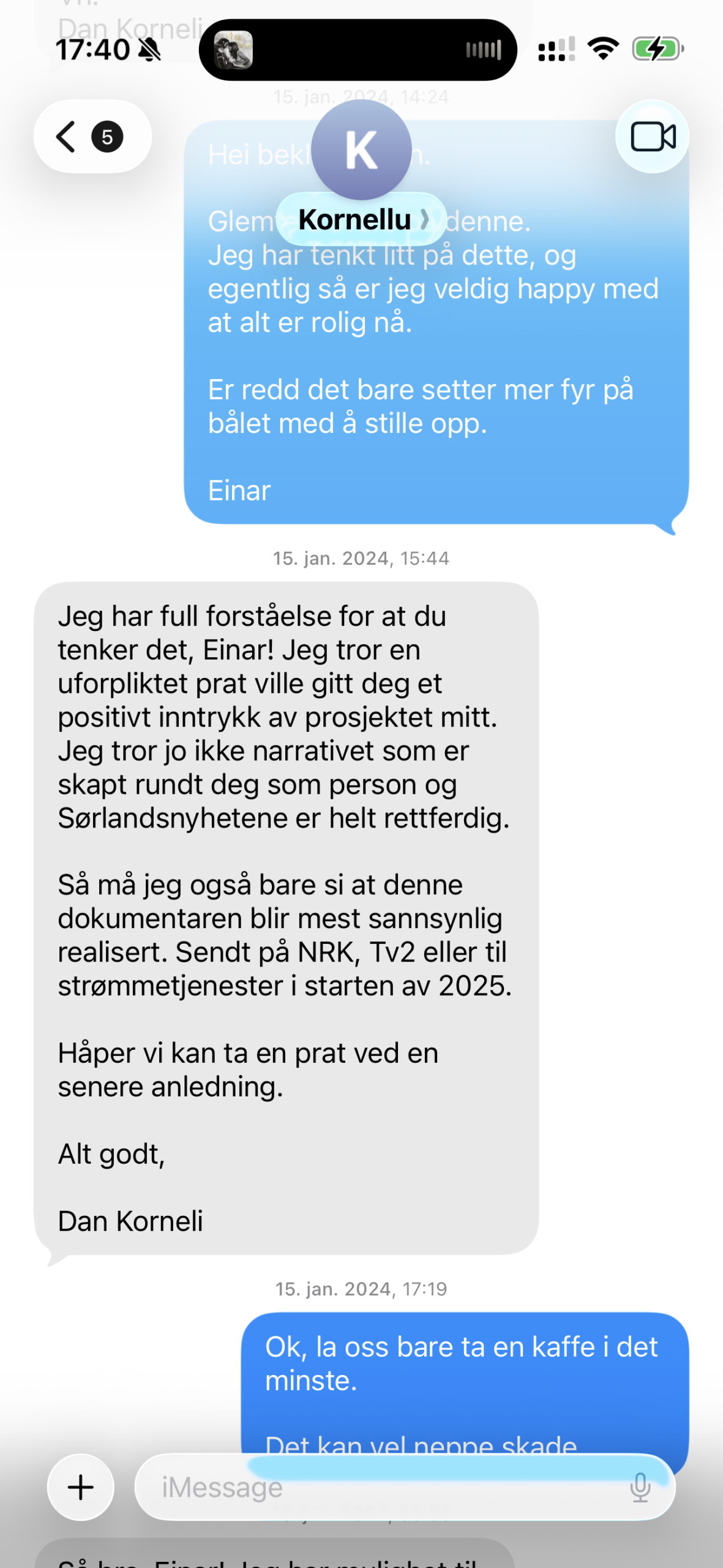 SMS fra Dan Korneli 15. januar 2024