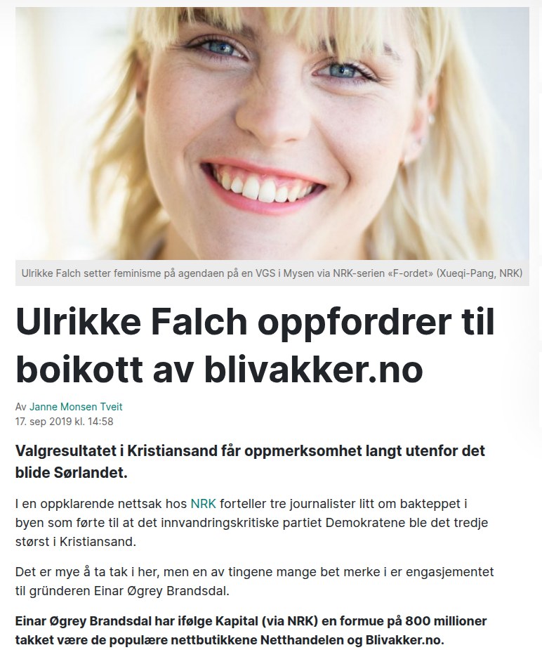 Faksimile 730.no 17. september 2019 om Ulrikke Falchs boikottoppfordring