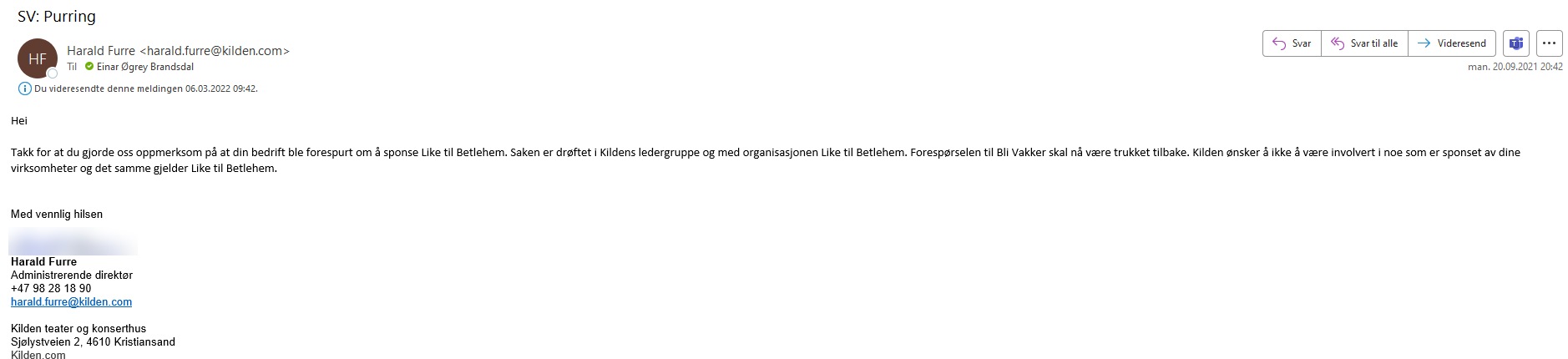 Skjermbilde av epost fra Harald Furre 20. september 2021
