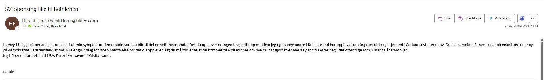 Skjermbilde av den andre eposten fra Harald Furre 20. september 2021