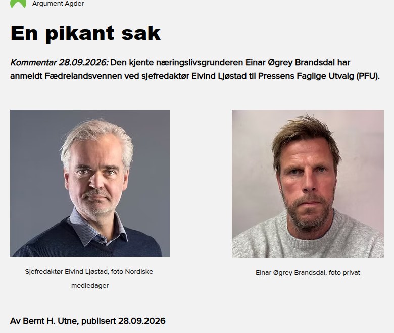 Argument Agder 28. september 2026: «En pikant sak», av Bernt H. Utne.