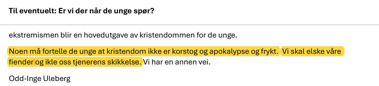 Faksimile fra sakspapirene til Agder og Telemark bispedømmeråd 13. november 2025: Noen må fortelle de unge at kristendom ikke er korstog og apokalypse og frykt. Vi skal elske våre fiender og ikle oss tjenerens skikkelse. Vi har en annen vei. Odd-Inge Uleberg.