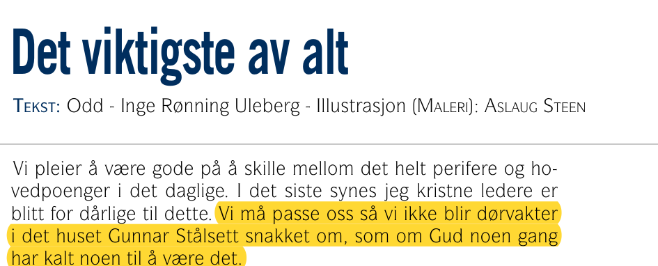 Faksimile fra Kirkebakken nr. 2 2017: Det viktigste av alt, tekst Odd-Inge Rønning Uleberg. Vi må passe oss så vi ikke blir dørvakter i det huset Gunnar Stålsett snakket om.