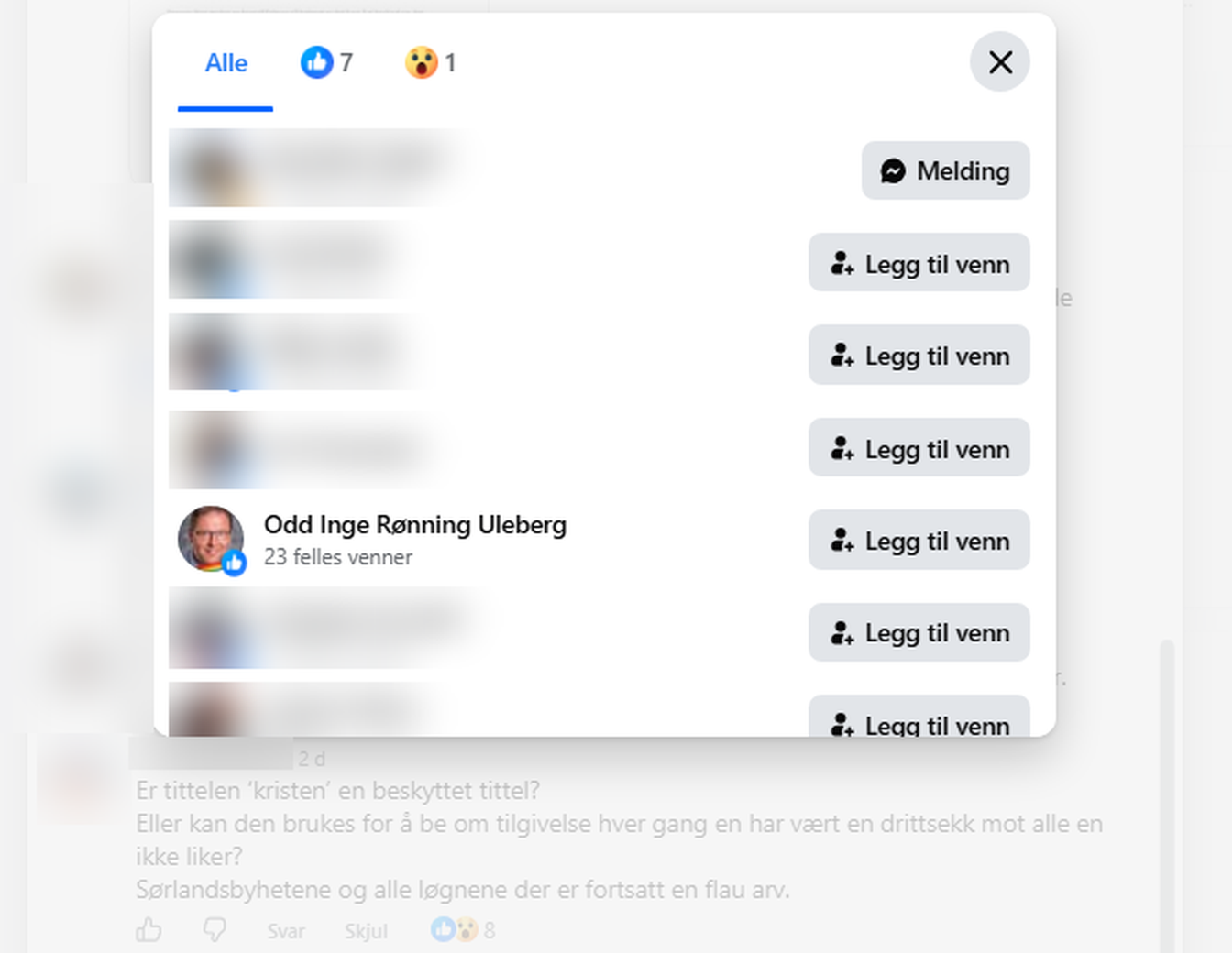 Listen over reaksjoner på Facebook-kommentaren i september 2026. Odd Inge Rønning Uleberg står med tommel opp. De andre navnene er skjult.