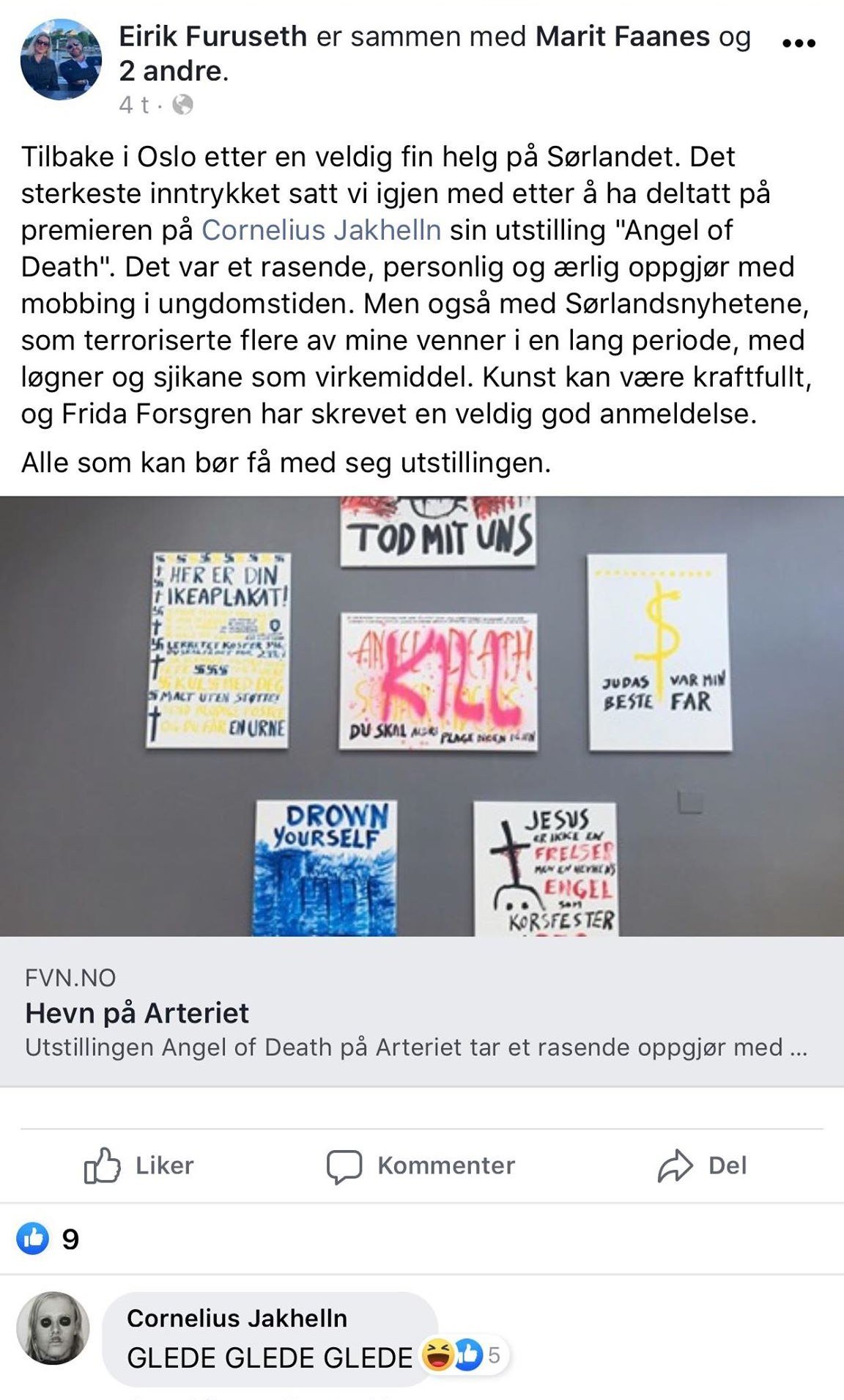Eirik Furuseths innlegg etter premieren i juni 2020. Faksimile.
