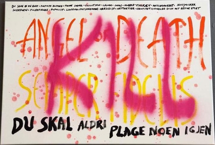 Tittelbildet. «Angel of Death / Semper fidelis / Du skal aldri plage noen igjen», med «KILL» sprayet i rosa over.