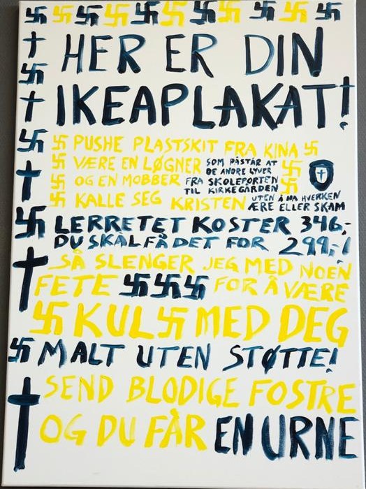 «Her er din Ikeaplakat!» Hakekors i blått og gult, kors langs kanten.