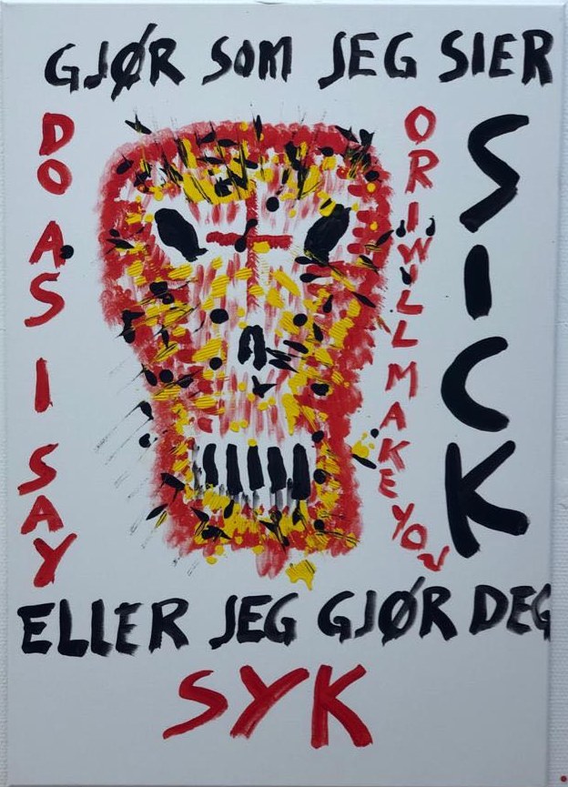 «Gjør som jeg sier, eller jeg gjør deg syk», rundt en hodeskalle.