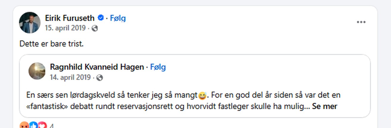 Eirik Furuseth deler Ragnhild Kvanneid Hagens innlegg 15. april 2019