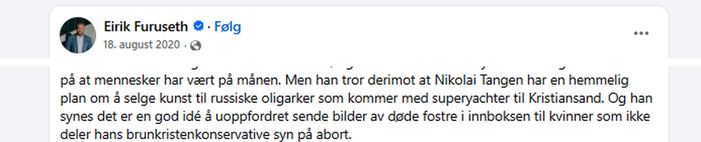 Eirik Furuseths innlegg 18. august 2020 om bilder av døde fostre