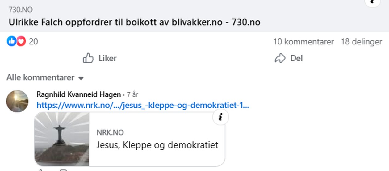 Ragnhild Kvanneid Hagen deler 730.no-saken om Ulrikke Falchs boikott og legger inn lenke til NRK