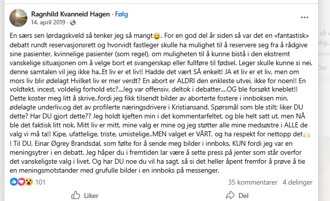 Ragnhild Kvanneid Hagens Facebook-innlegg 14. april 2019