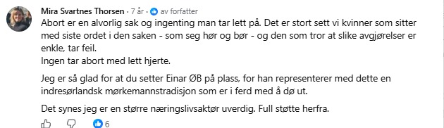 Mira Svartnes Thorsens kommentar under Ragnhild Kvanneid Hagens innlegg i april 2019